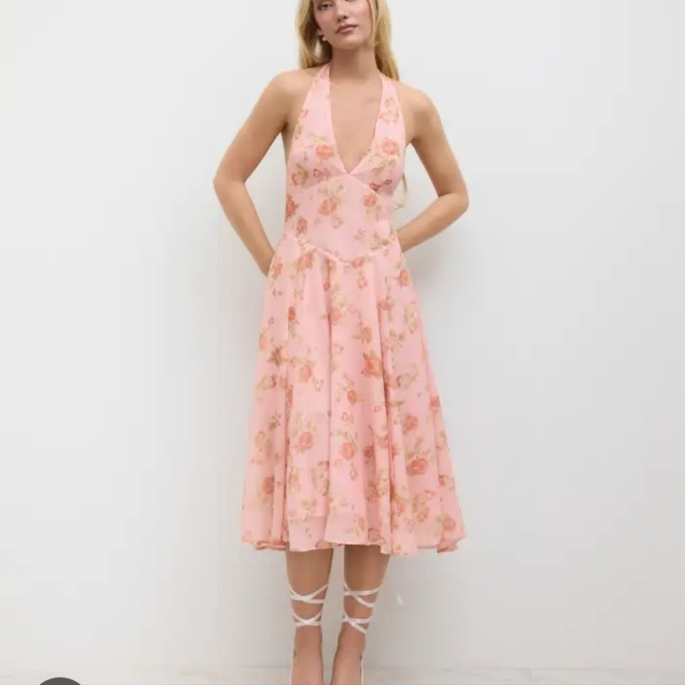 NWT Womens Cherley Mesh Halter Neckline Floral Ruffle Midi Dress